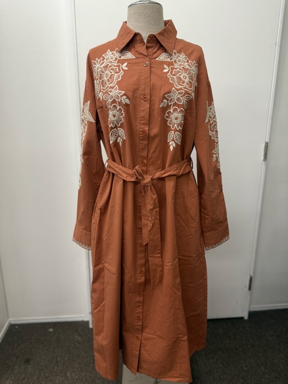 Rust Embroidered Long-Sleeve Shirt Dress with Tie Belt